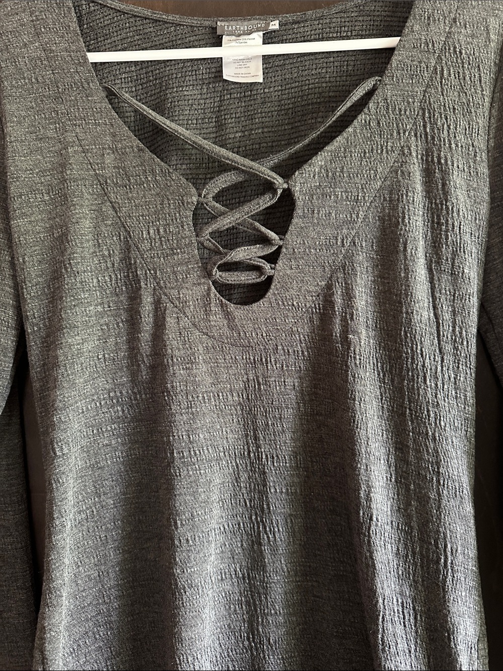 EARTHBOUND Charcoal Gray Lace-Up V-Neck Long Sleeve Top - Picture 5 of 6